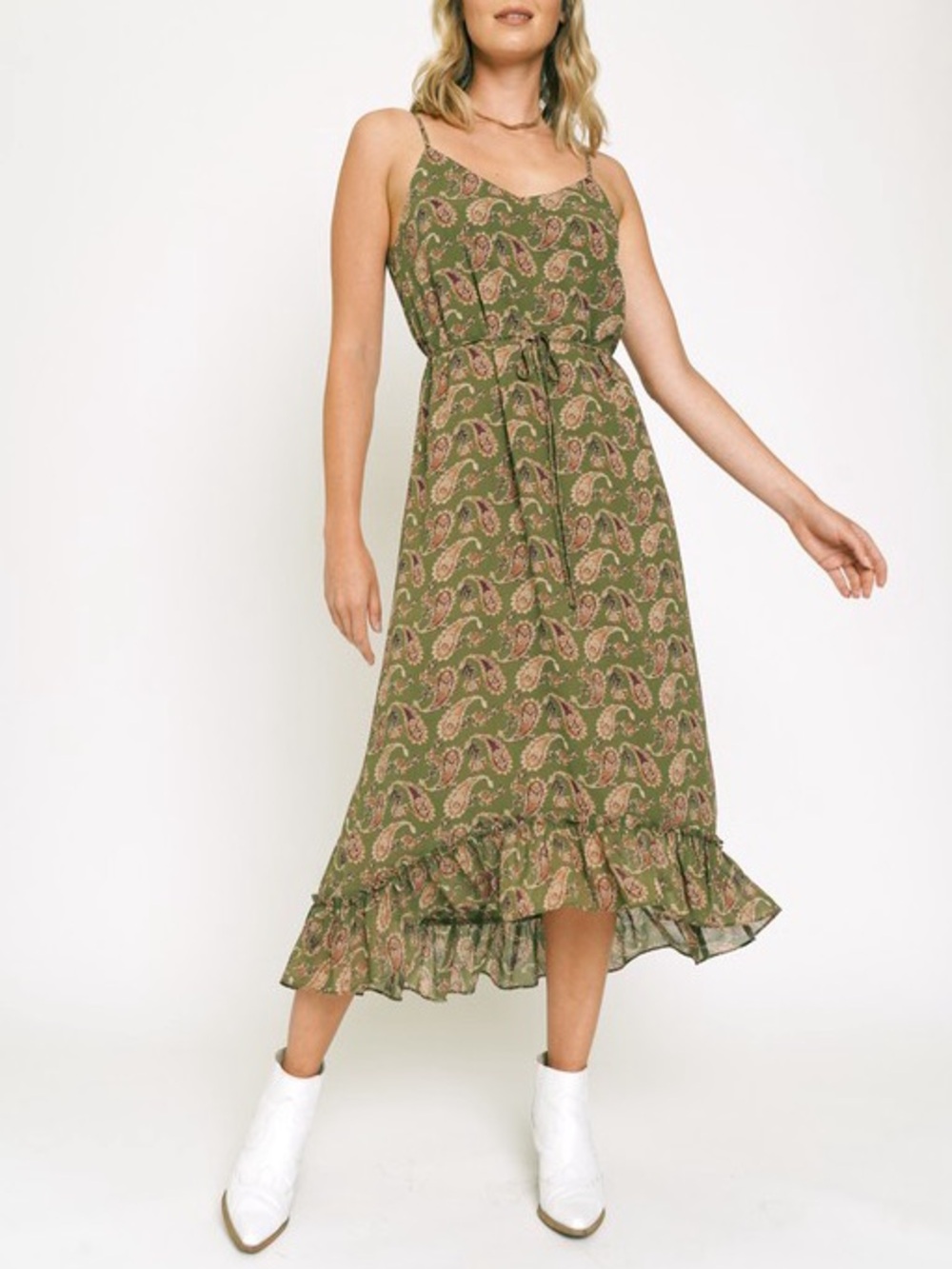 🍂SPECIAL🍂PAISLEY PRINT RUFFLE HEM SLIP DRESS|OLIVE - Picture 3 of 6